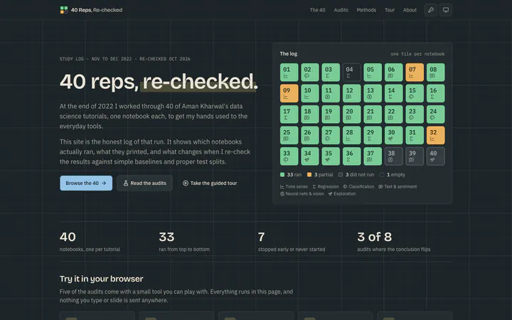 Landing page, dark mode. The same page in dark mode: chalk on slate.