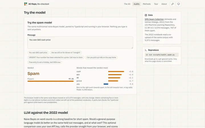 Try the spam model. Naive Bayes ported to TypeScript: the verdict and the words that moved it.