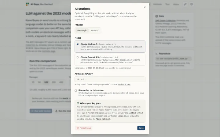 Bring your own key. Anthropic by default or OpenAI; the key stays in this browser and never reaches this site.